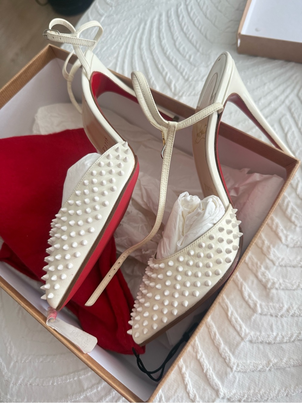 Christian Louboutin Ivory Spiked Slingback Pumps with Red Soles